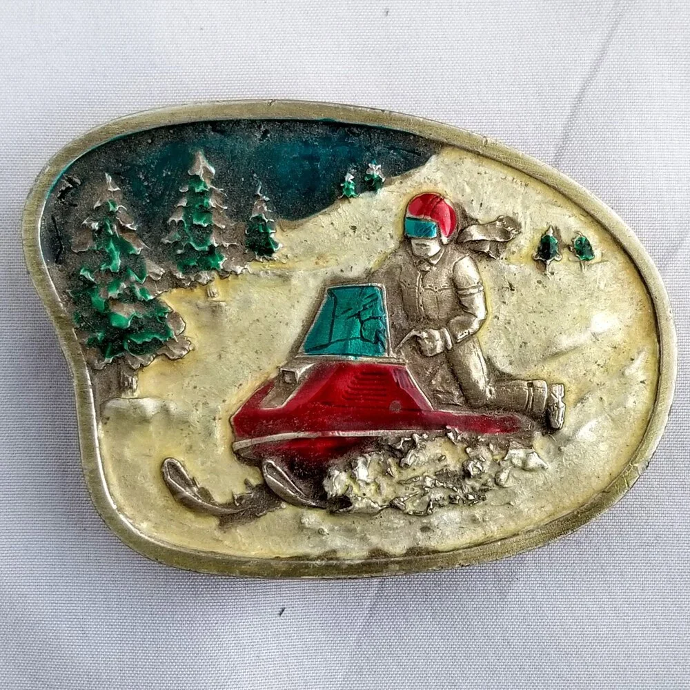 Vintage Belt Buckle 1977 Snowmobile Riding On Snow‎ Colorized USA By Bergamot